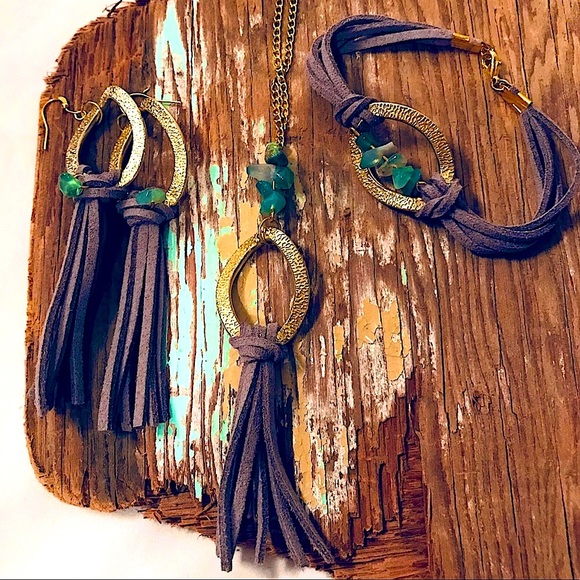 ✨Handmade Set ✨ New Earrings + Bracelet + Necklace Green Stone Leather Gold Aqua - Picture 4 of 4